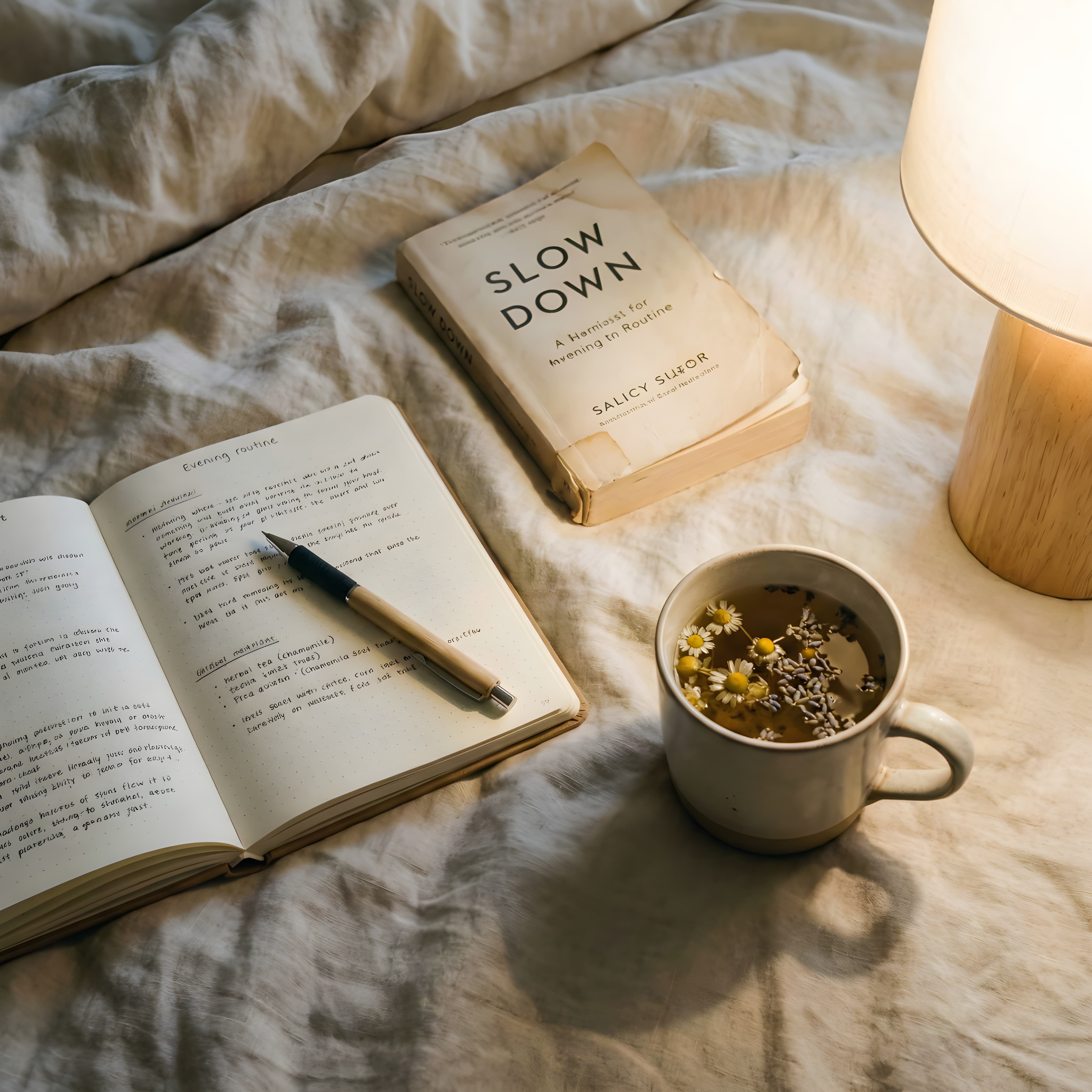 Soft evening wind-down routine with warm lighting and relaxing tea