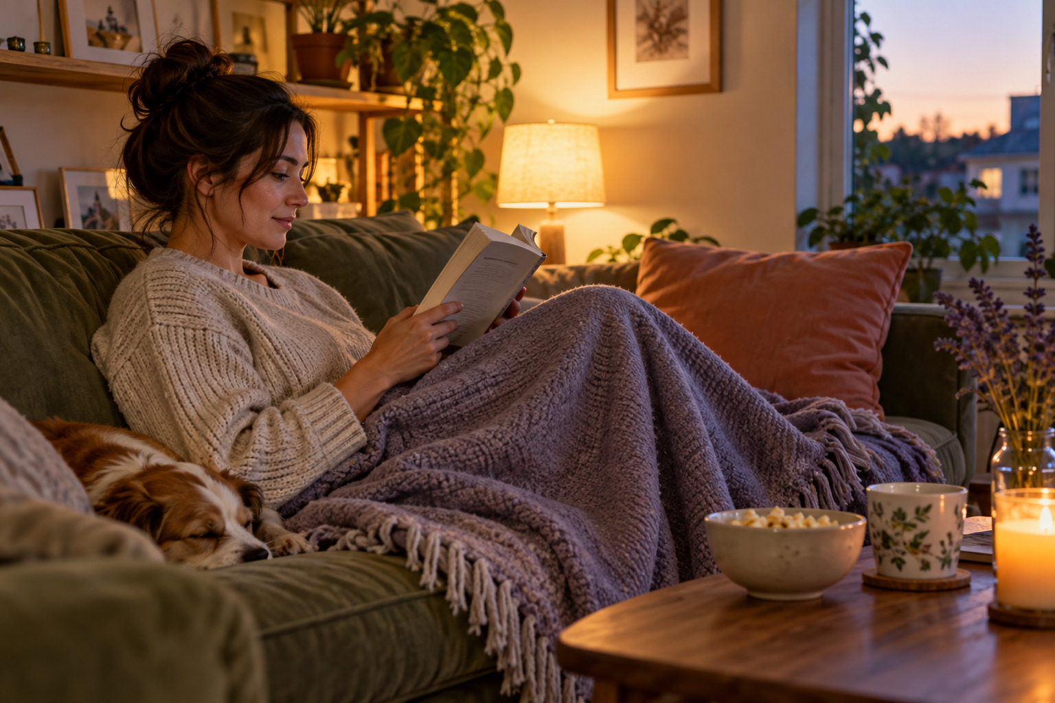 Person reading on a sofa under a lavender blanket with a snack nearby and a dog curled beside them