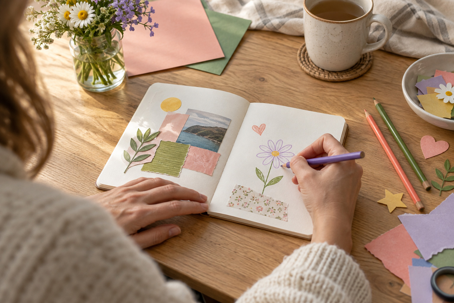 Hands making a small collage and flower drawing in a notebook at a sunny home table