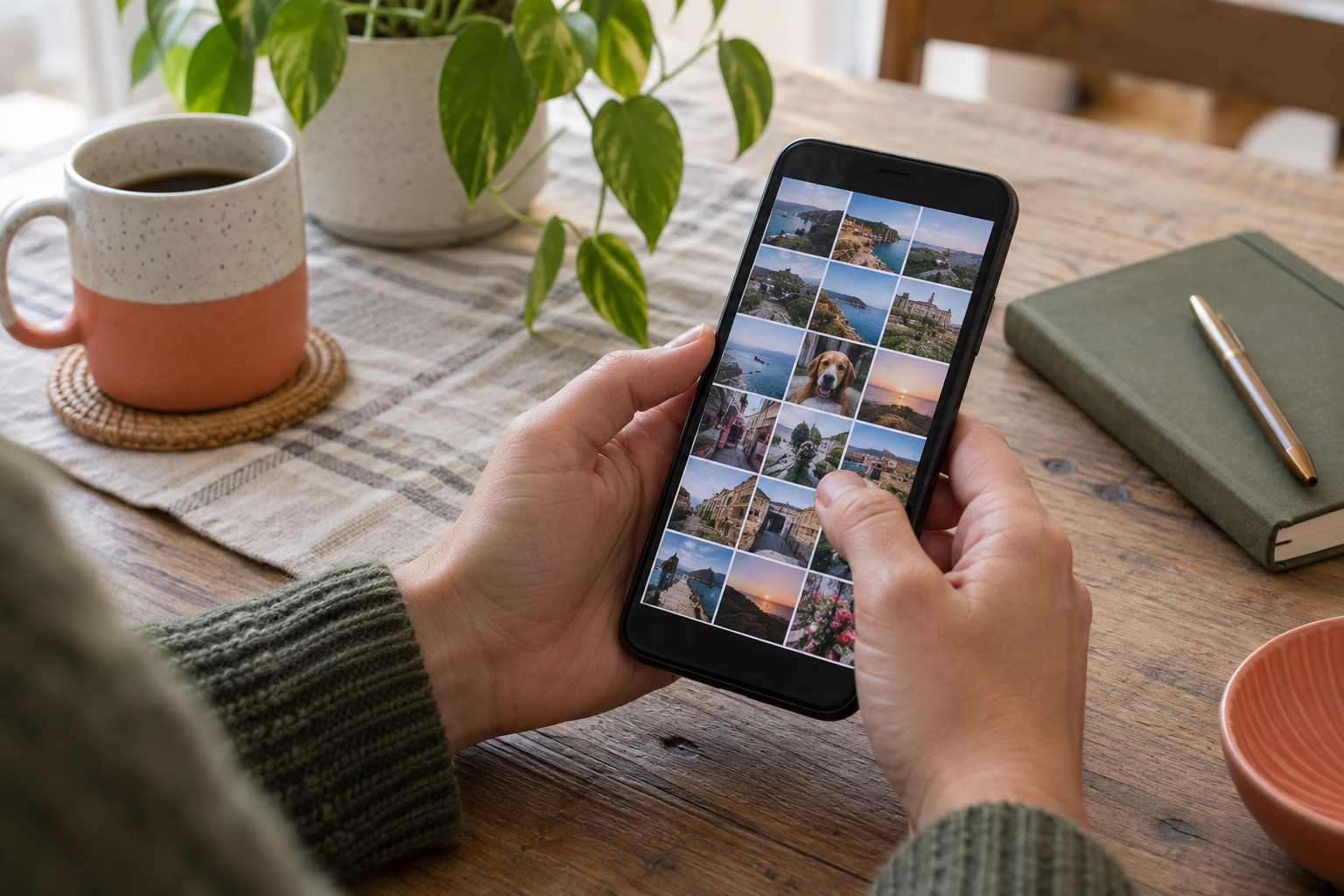 Hands reviewing a grid of personal photos on a phone at a home table