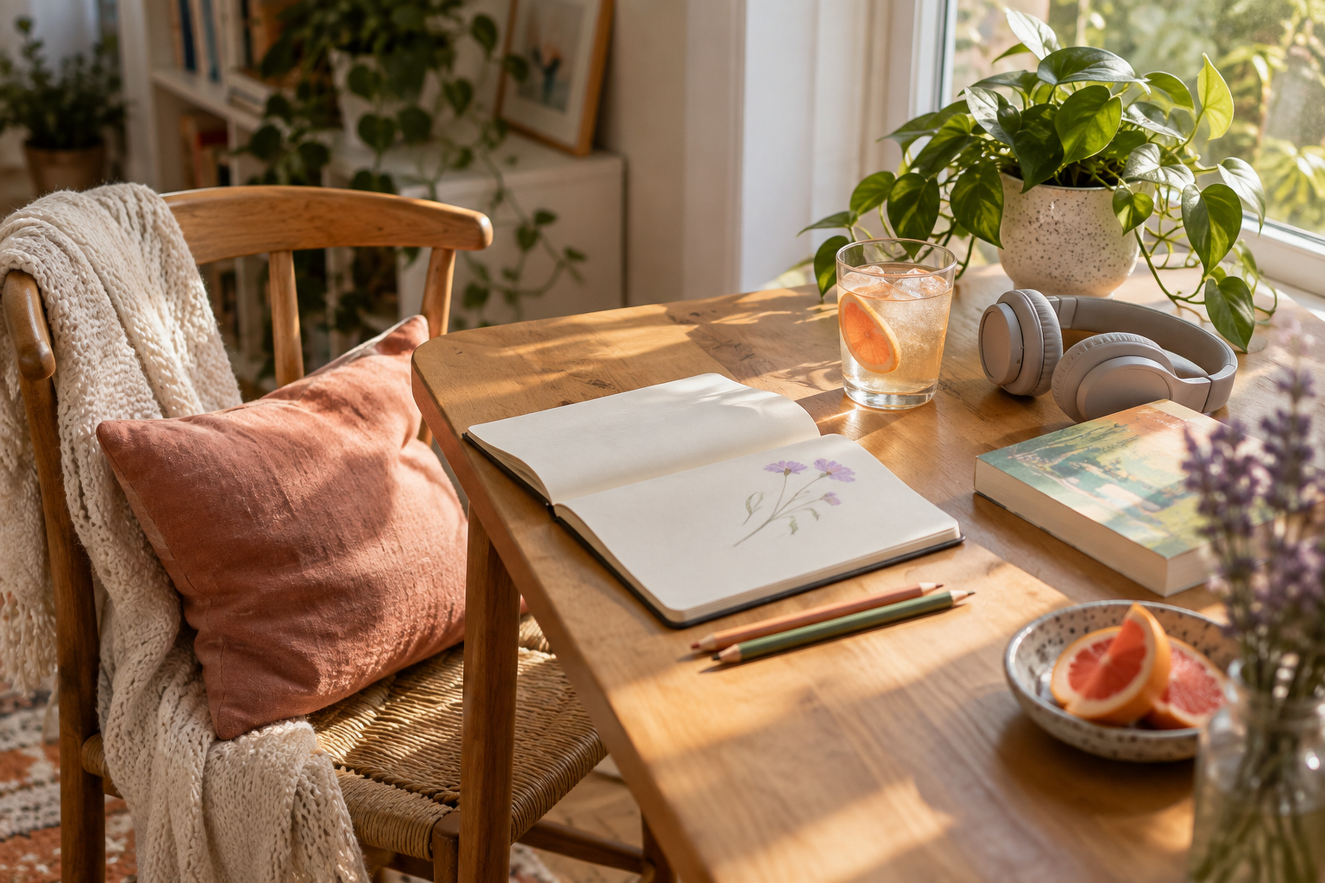 Sunlit home table with a sketchbook, colored pencils, a book, citrus drink, headphones and a plant