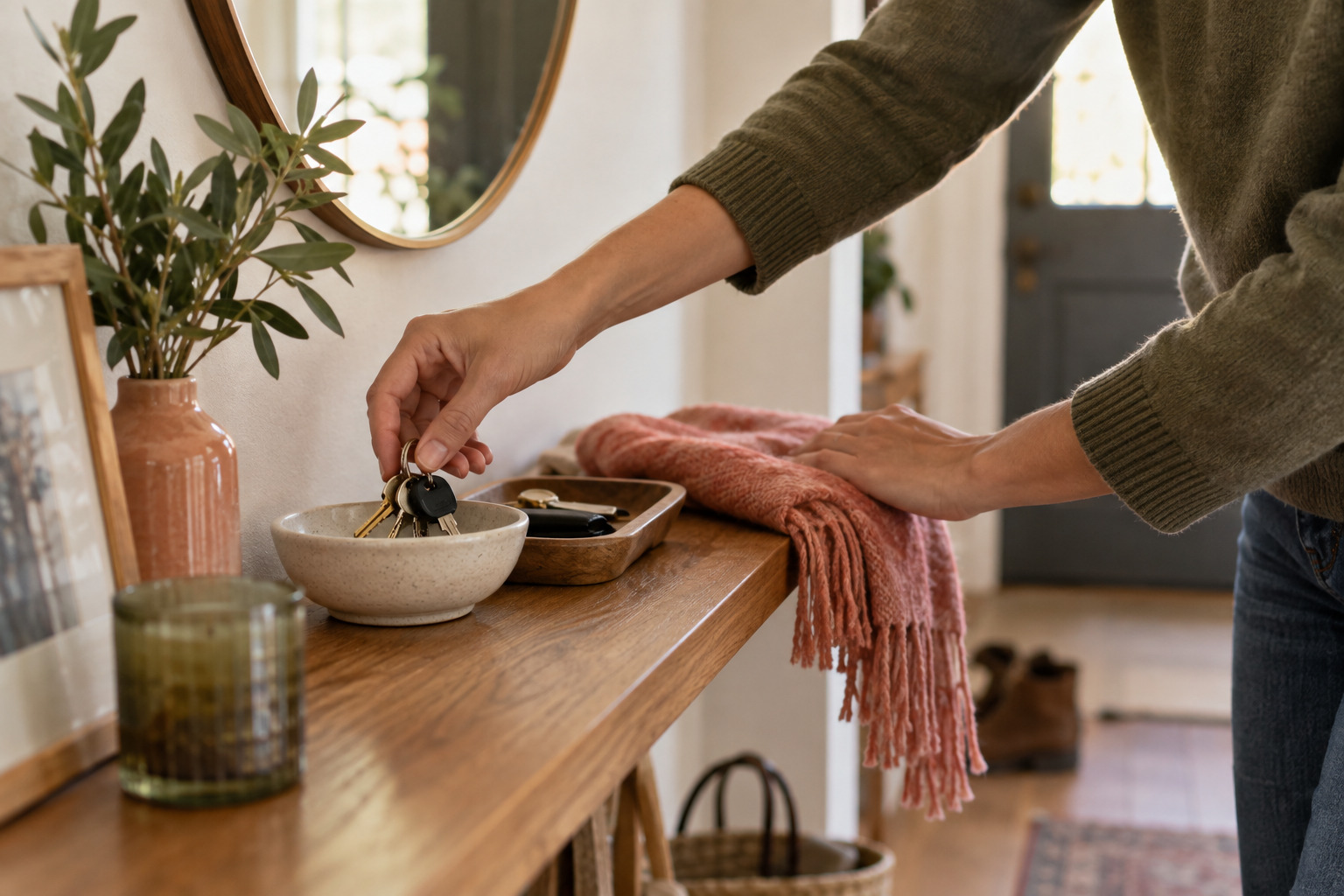 Hands putting keys in a bowl and straightening a scarf on a small entryway shelf