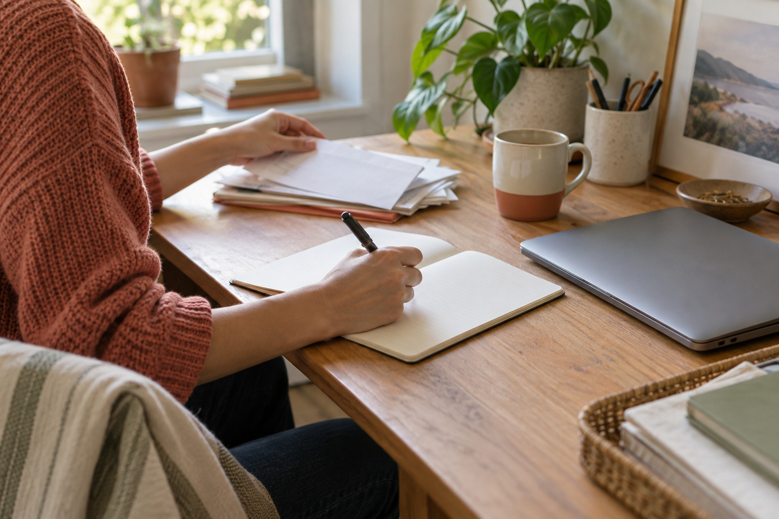 Person writing in a notebook while sorting a small stack of papers at a home desk