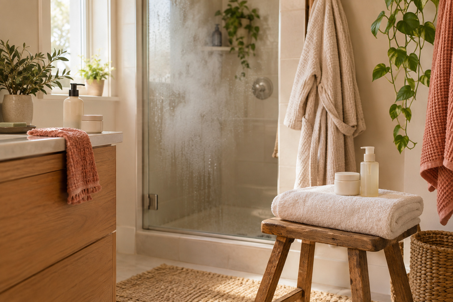 Folded towel and simple skincare products beside a warm, steamy home shower