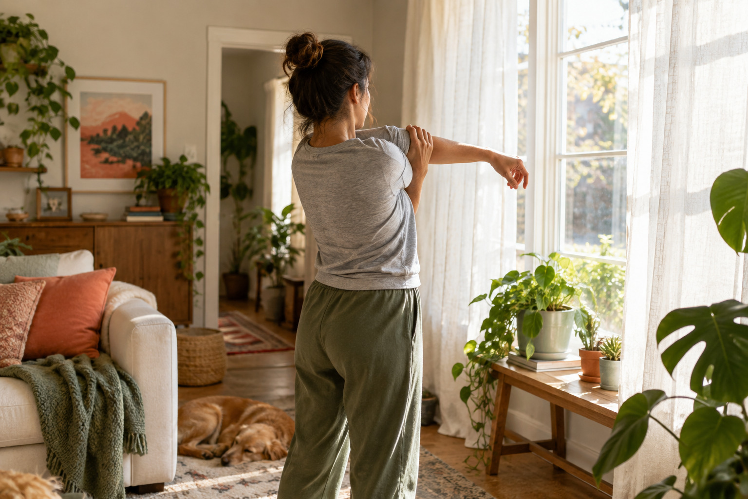 Person stretching beside a sunlit living-room window while a dog rests on the rug