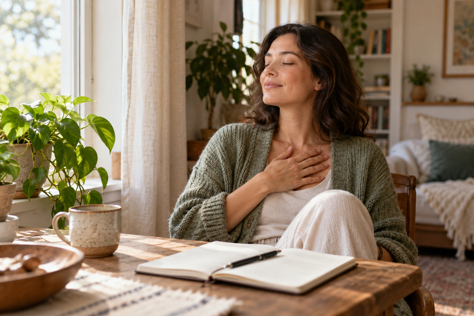 A woman taking a quiet breathing pause with her eyes closed, beside an open notebook and a sunny window