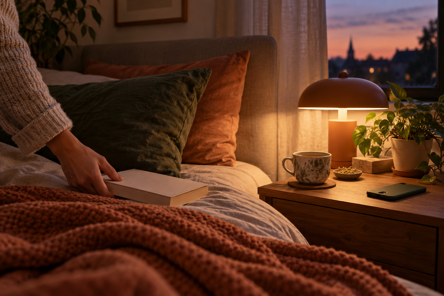 A book being set down on a bed in a softly lit bedroom, with tea and a phone set aside on the nightstand