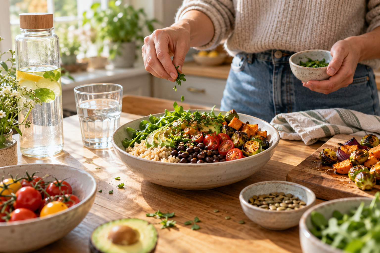 A grain and bean bowl with roasted vegetables being finished with herbs, beside a glass of water