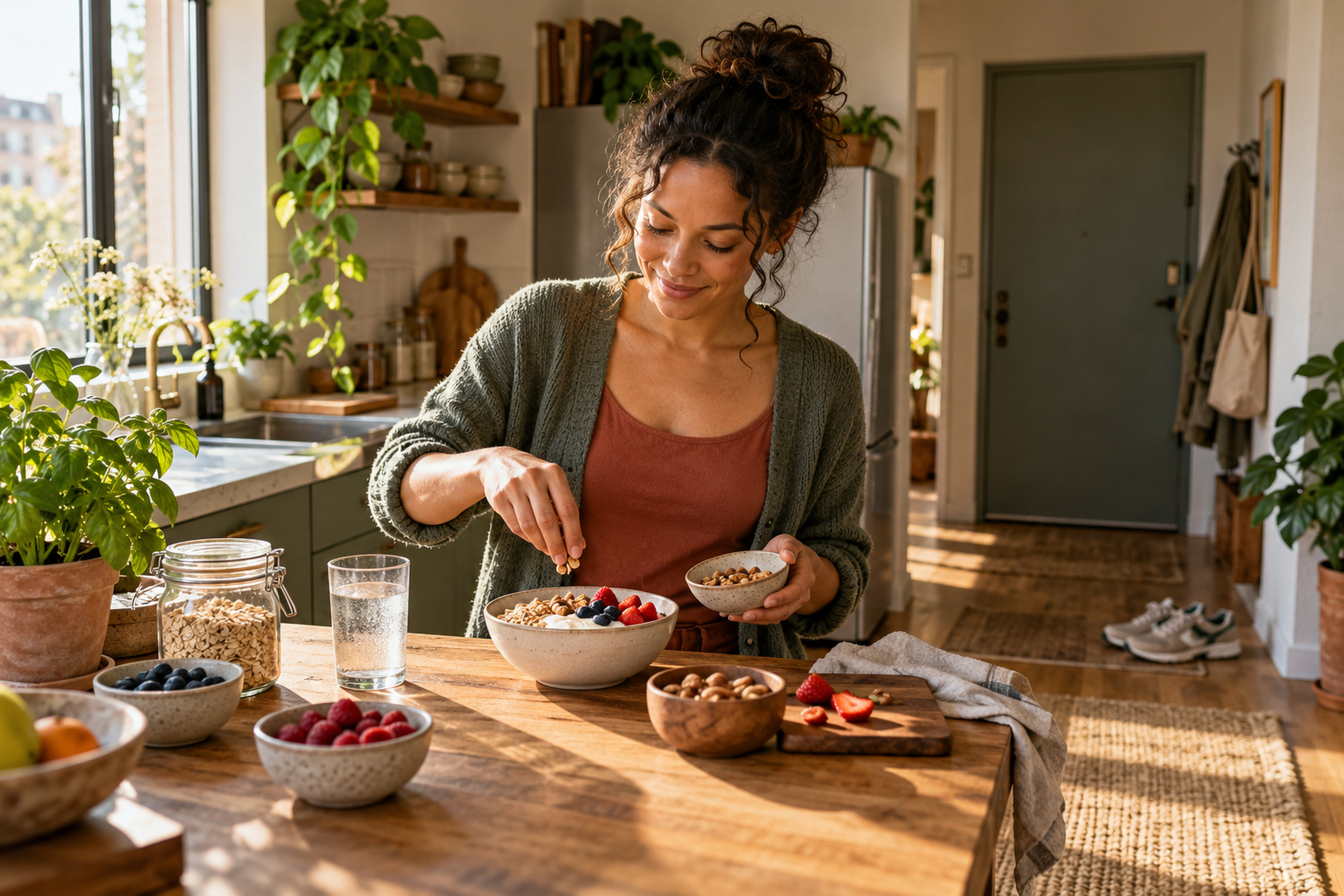 A woman preparing a simple breakfast at home, with water on the table and walking shoes near the door