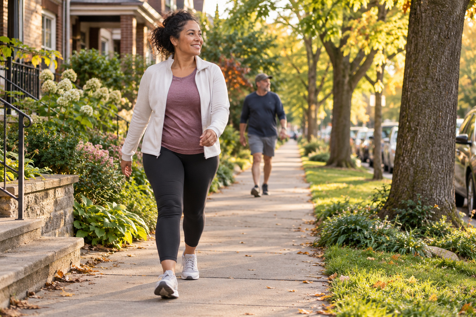A woman walking along a leafy neighborhood sidewalk in comfortable clothes